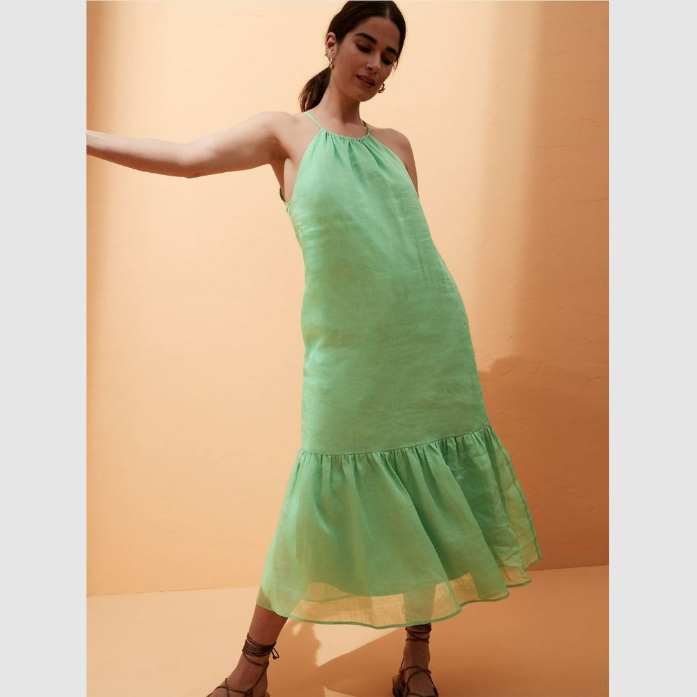 Banana Republic Ramie Halter Midi Dress Green Sz XS
